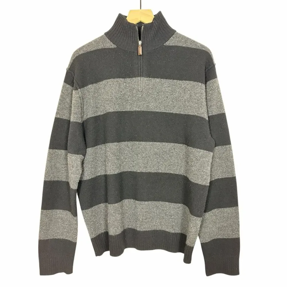 J. Crew Sweater Size Large Black Gray Striped 1/4 Zip 100% Lambswool 